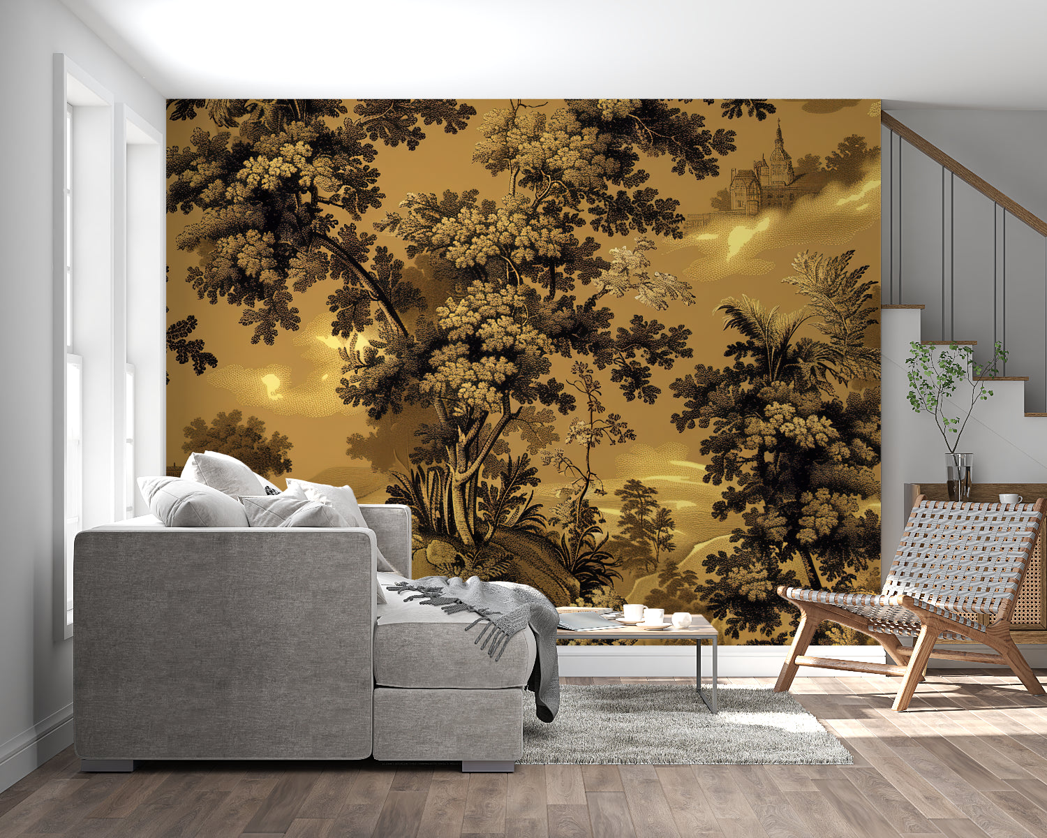Golden Forest Wallpaper bringing warmth to a master bedroom with soft lighting