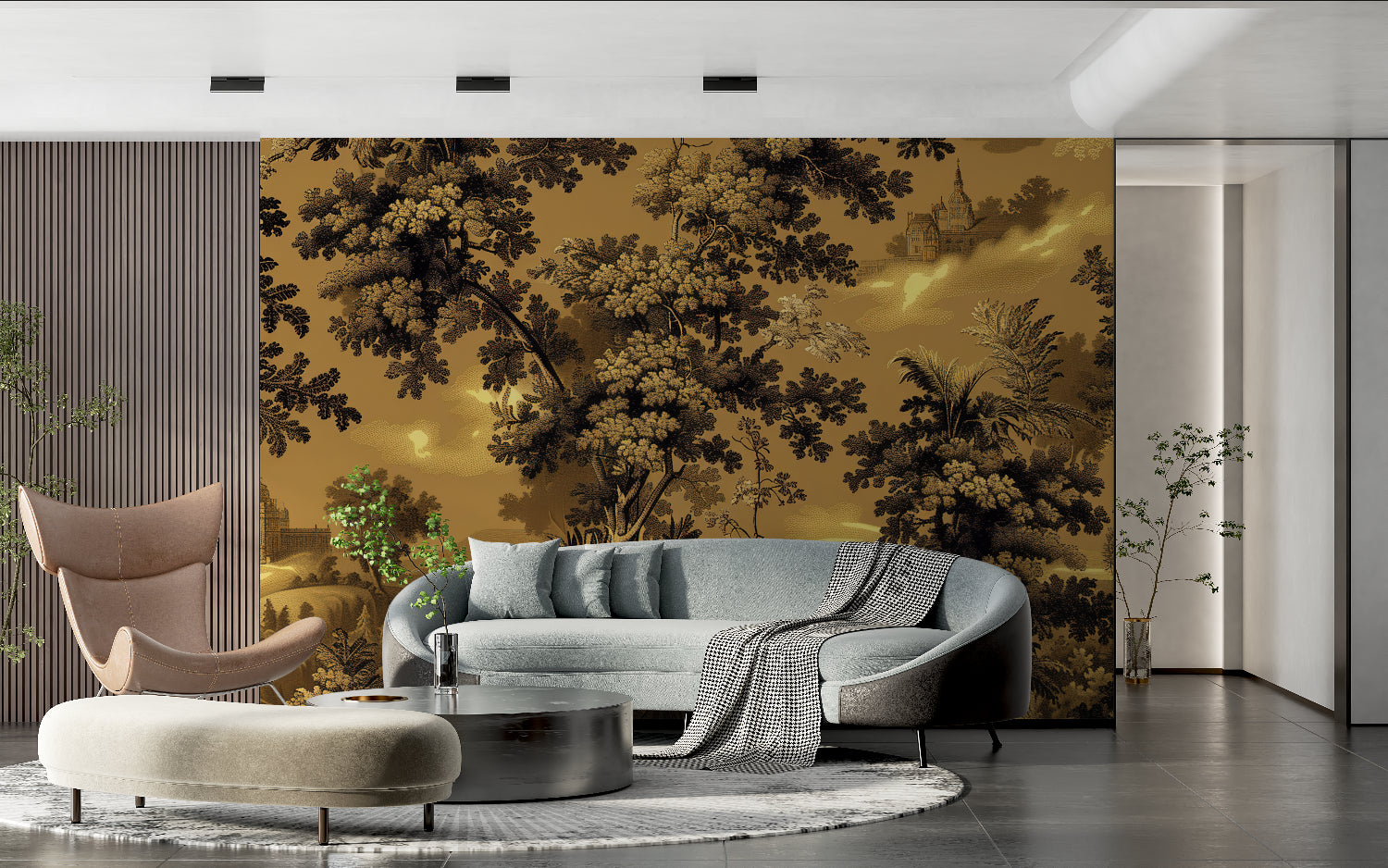 Vintage Golden Forest scene adding depth to a home office space
