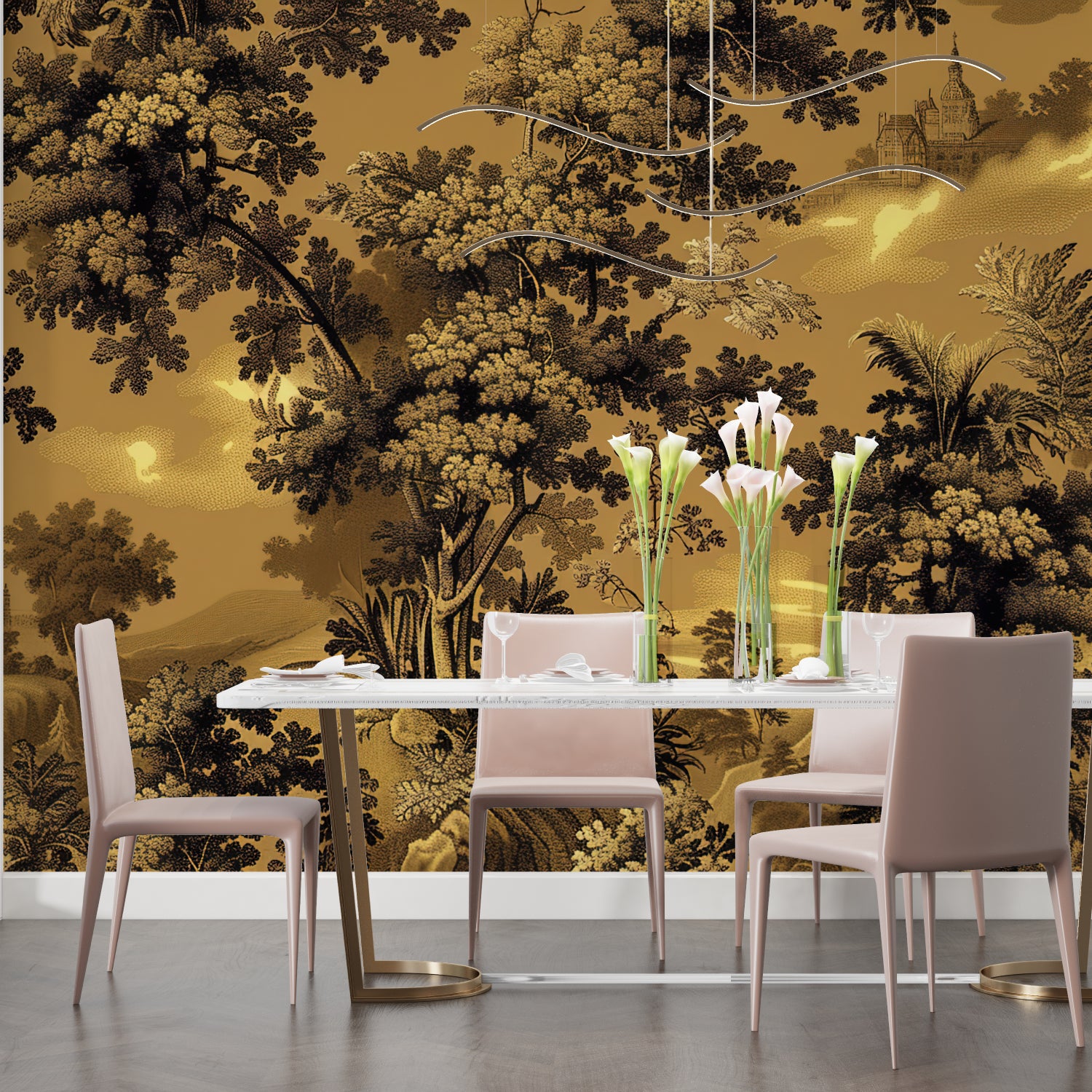 Forest Mural Wallpaper creating atmosphere in a luxury hotel lobby