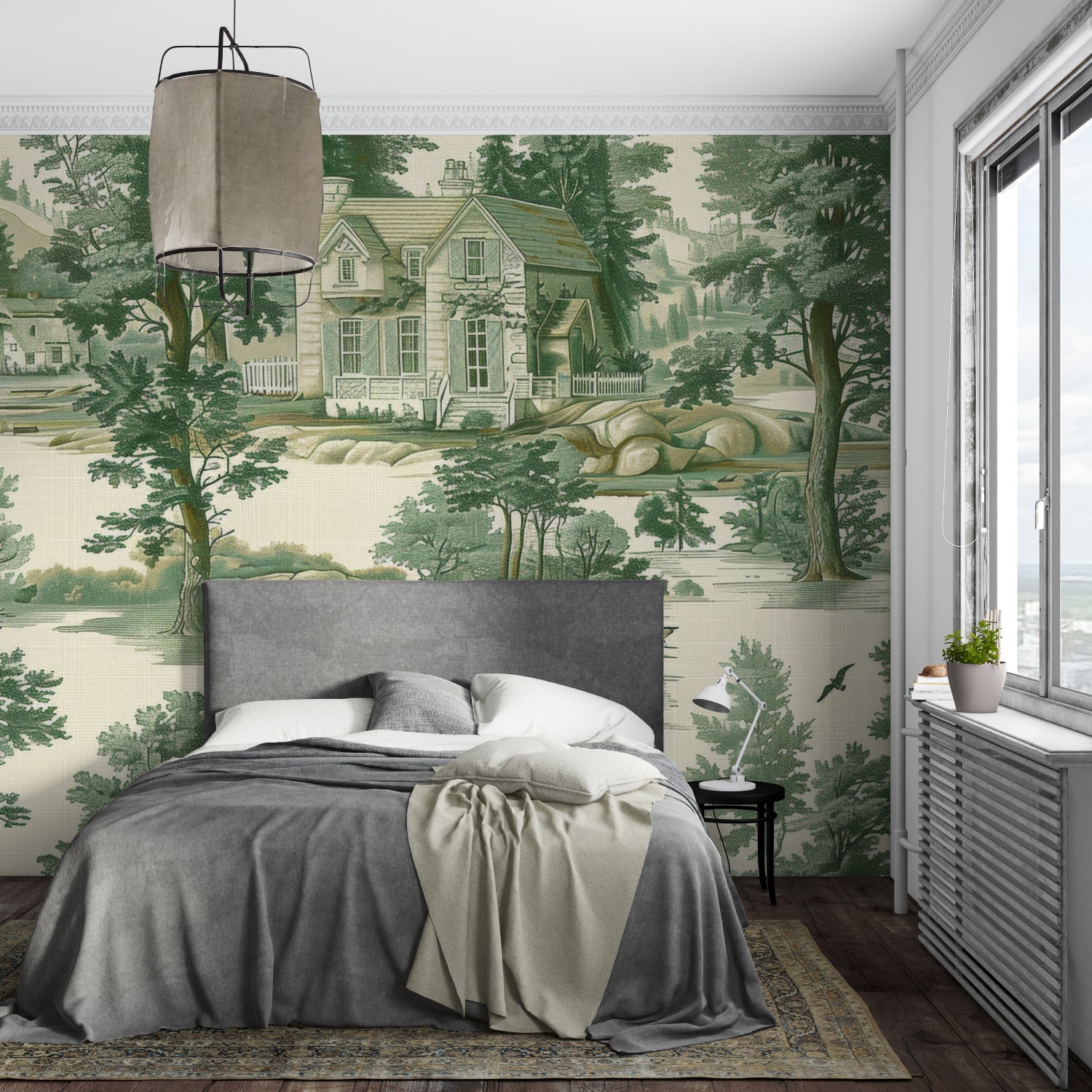 Classic Forest Scene Wallpaper enhancing a cozy home office space
