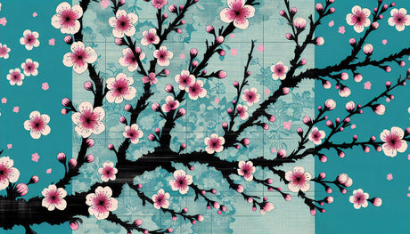 Cherry Blossom Mural Wallpaper  Japanese Floral Art in Turquoise - Detailed wallpaper pattern view