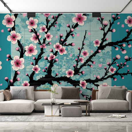 Cherry Blossom Mural Wallpaper  Japanese Floral Art in Turquoise - Premium wallpaper design showcase