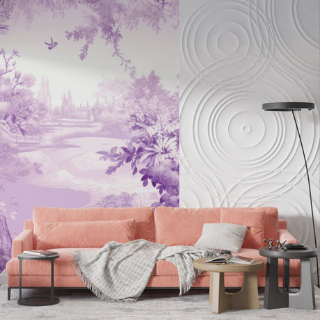 Purple garden paradise wallpaper in elegant master bedroom showing depth and architectural details
