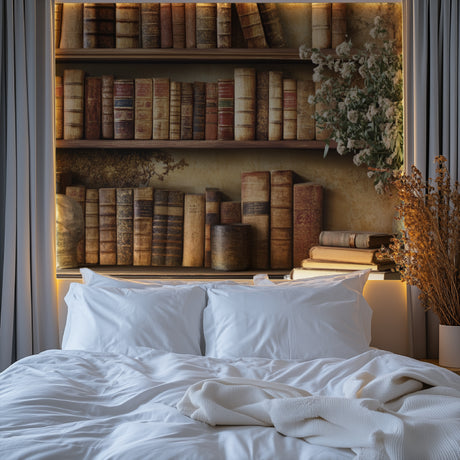 Vintage library wallpaper creating a cozy reading nook in a modern apartment living room