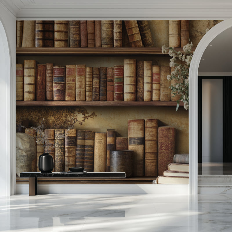 Library wallpaper adding scholarly charm to a study room with leather-bound books