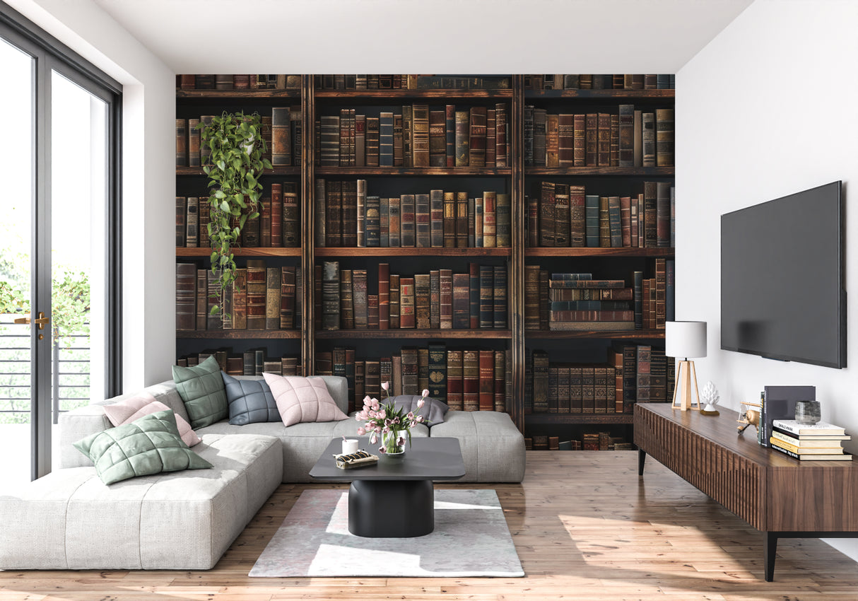 Vintage library wallpaper creating a cozy reading nook in a modern living room