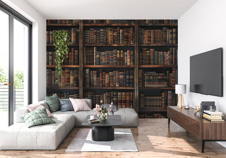 Vintage library wallpaper creating a cozy reading nook in a modern living room