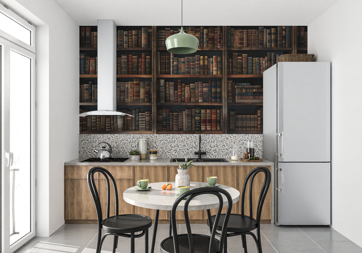 Classic bookshelf mural adding depth to a home office space