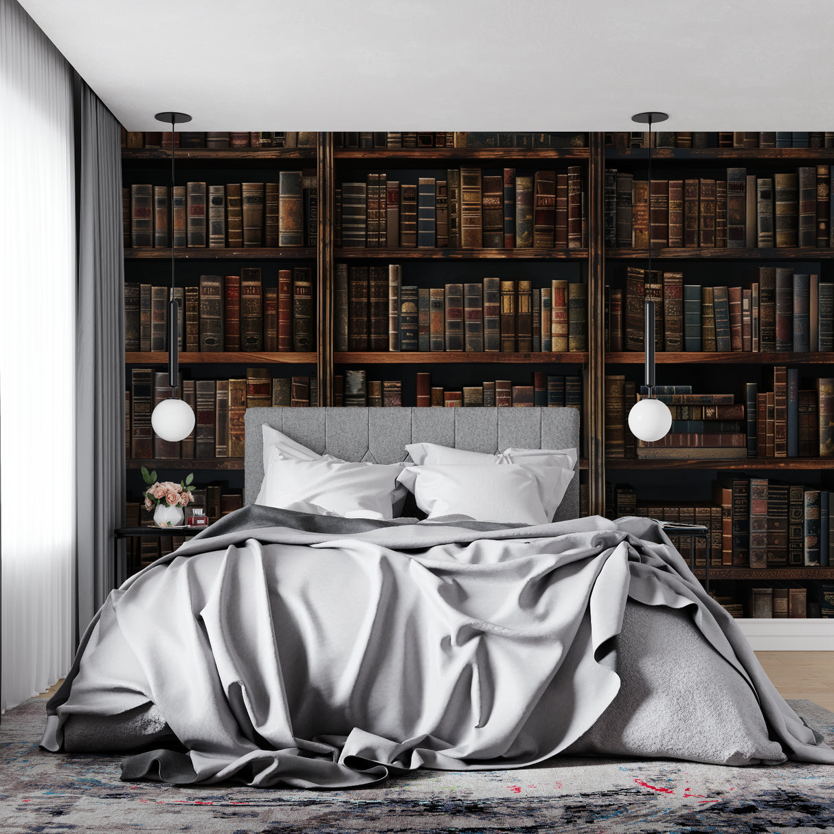 Vintage book wallpaper creating an elegant accent wall in a dining room