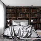 Vintage book wallpaper creating an elegant accent wall in a dining room