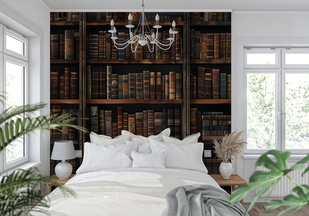 Library mural bringing classic charm to a modern apartment living space