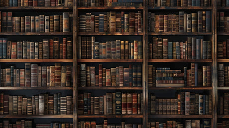 Vintage library wallpaper design file showing detailed antique book collection pattern
