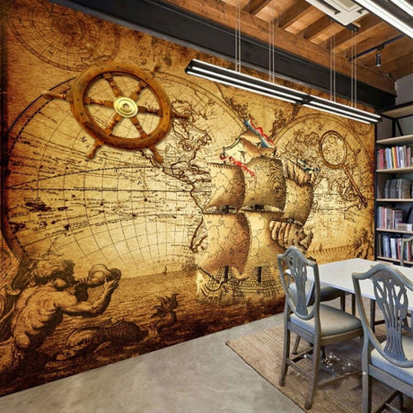 Vintage map wallpaper in modern home office with wooden desk and natural lighting