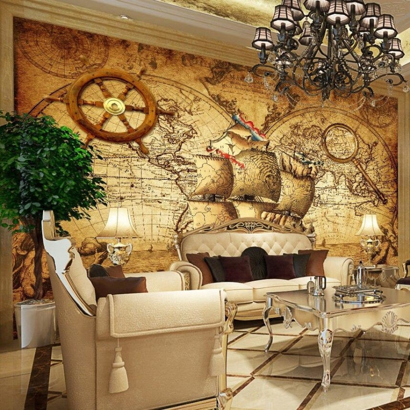 World map mural creating focal point in cozy study room setting