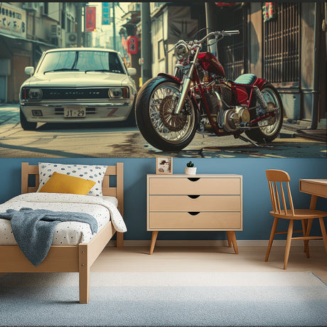 Vintage motorcycle wallpaper bringing urban style to a modern living room with red and chrome accents