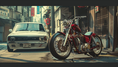 Design file showing detailed Japanese street scene with vintage motorcycle and classic car pattern