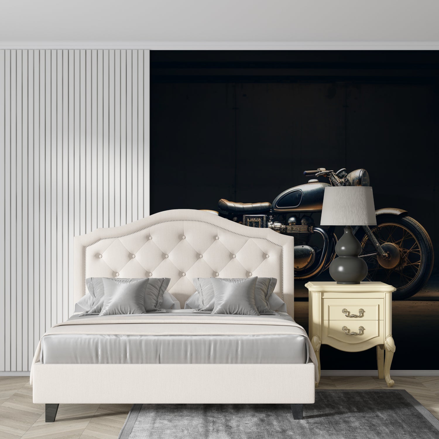 Black and gold motorcycle wallpaper transforming man cave with elegant design