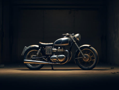Design file showing detailed vintage motorcycle pattern with gold accents on black background
