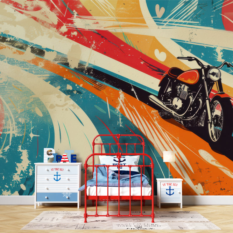 Street art motorcycle wallpaper bringing urban style to modern living room with turquoise and orange accents