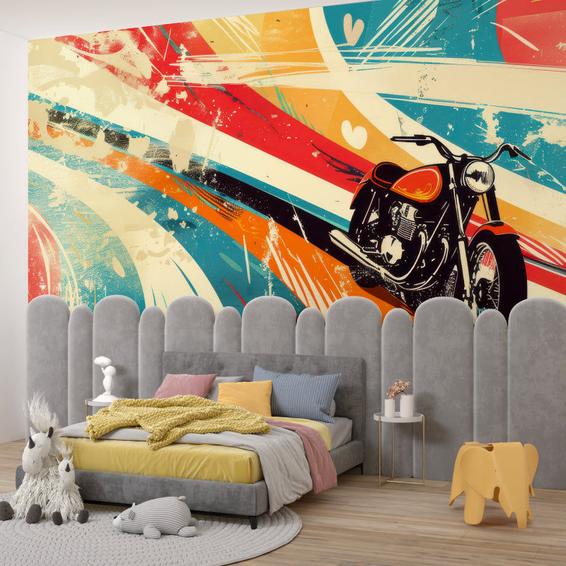 Vintage motorcycle wall mural creating cool vibes in teen bedroom with graffiti elements
