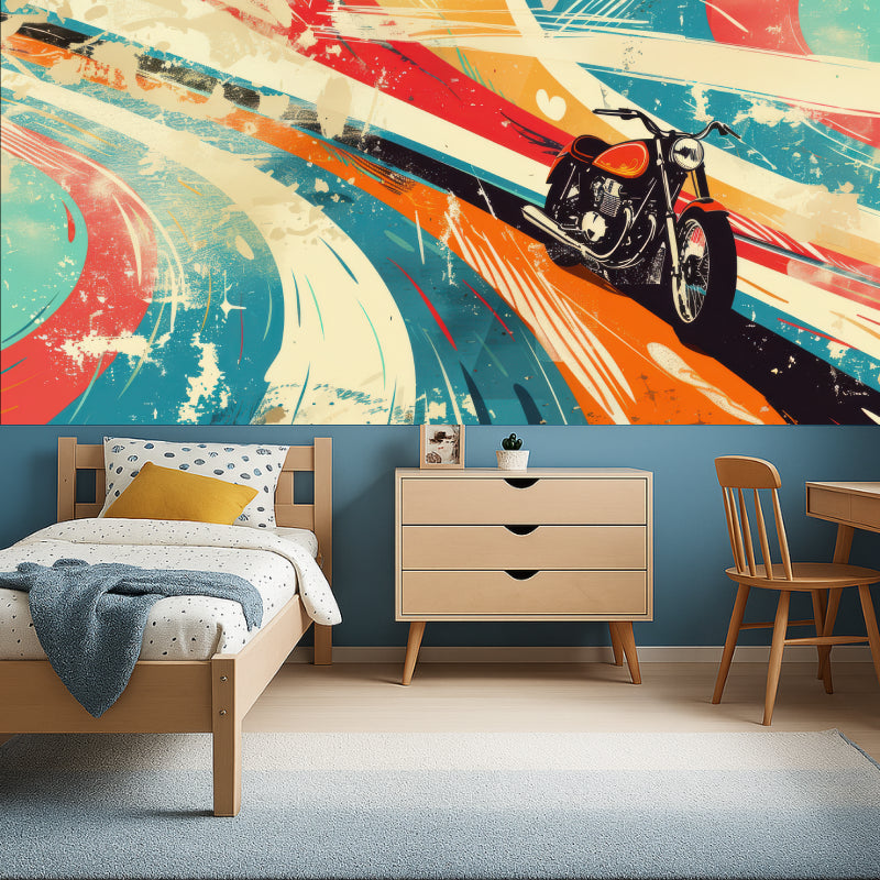 Urban motorcycle wallpaper design showcased in gaming room with street art style
