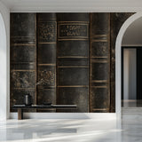 Antique books wallpaper bringing character to a bedroom accent wall