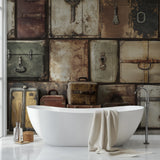Leather suitcase mural wallpaper in a boutique hotel lobby setting