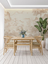 Vintage Toile de Jouy wallpaper in a bright dining room showing pastoral scene in soft beige tones