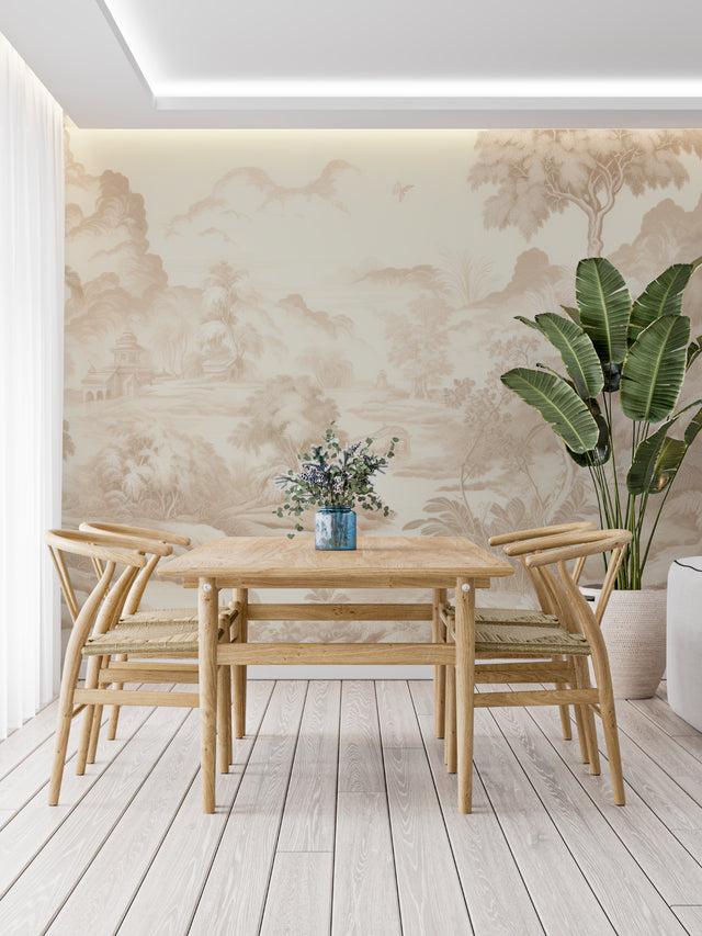 Vintage Toile de Jouy wallpaper in a bright dining room showing pastoral scene in soft beige tones