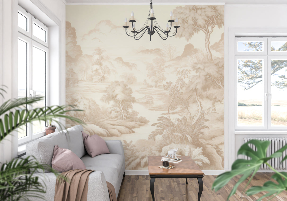 Beige Toile de Jouy wallpaper bringing charm to a living room space
