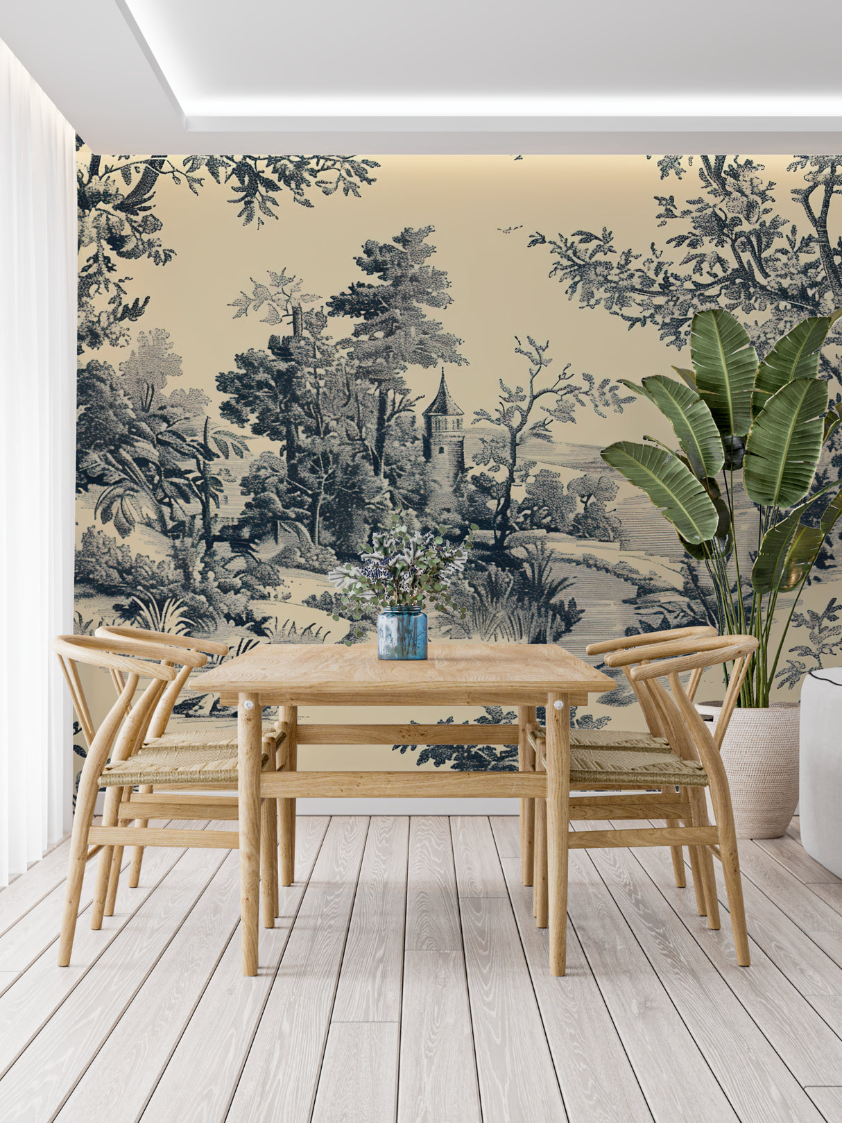 Black and beige Toile de Jouy wallpaper creating elegant atmosphere in a modern dining room