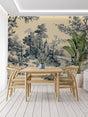 Black and beige Toile de Jouy wallpaper creating elegant atmosphere in a modern dining room