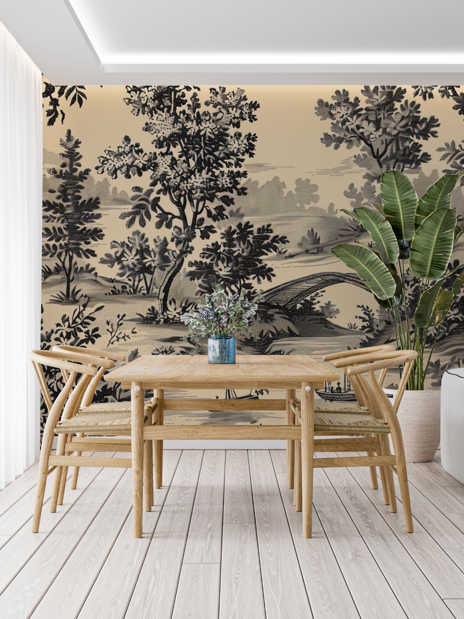 Black and beige toile landscape wallpaper in elegant dining room setting with crystal chandelier