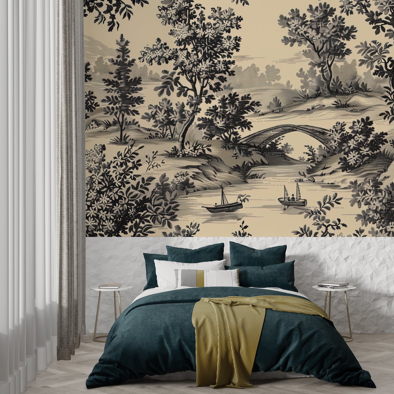 Toile de jouy wallpaper creating depth in modern living room with minimal furniture