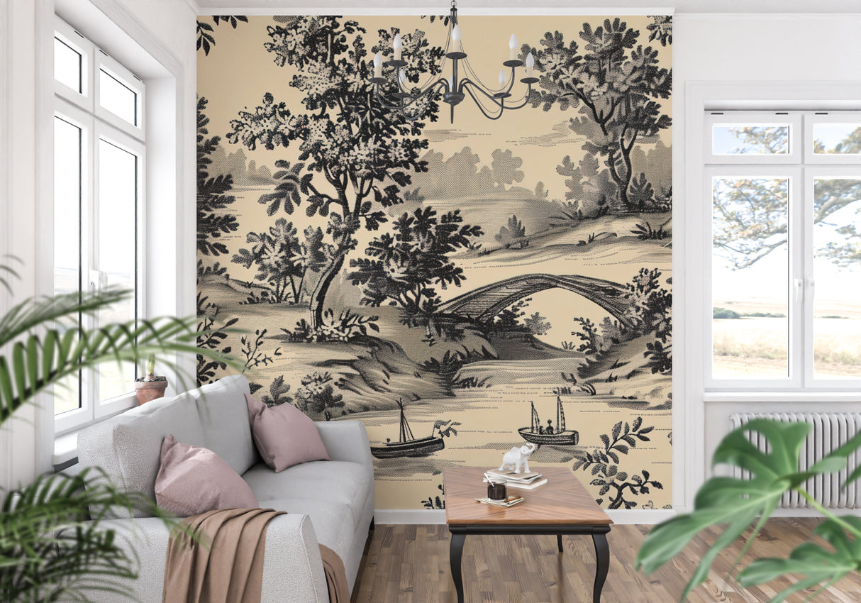 Classic black toile wallpaper in master bedroom with brass accents