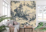 Traditional black and beige Toile pattern enhancing an entryway with elegant scenes
