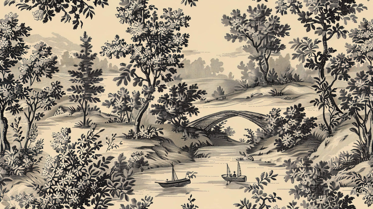 Design file showing detailed black and beige toile landscape pattern with bridge and countryside scenes