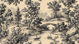 Design file showing detailed black and beige toile landscape pattern with bridge and countryside scenes