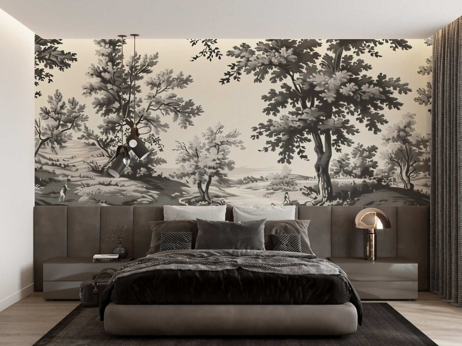 Vintage black and white pastoral mural wallpaper in modern living room showing scale and elegant impact