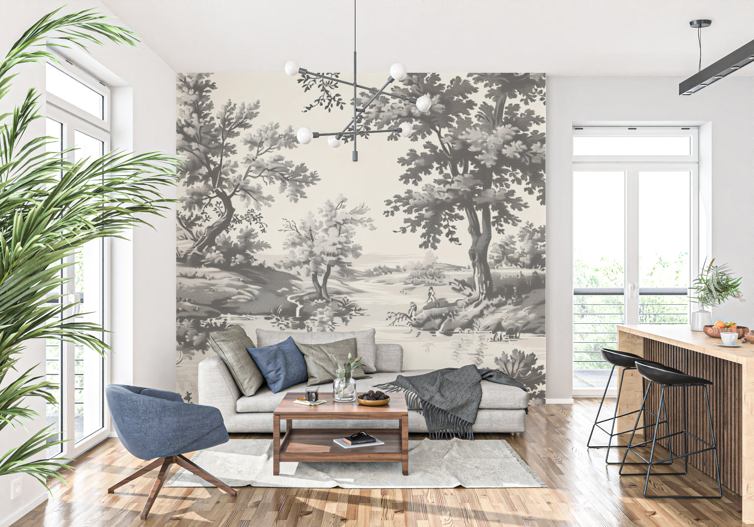 Black and white pastoral scene wallpaper creating depth in dining room setting
