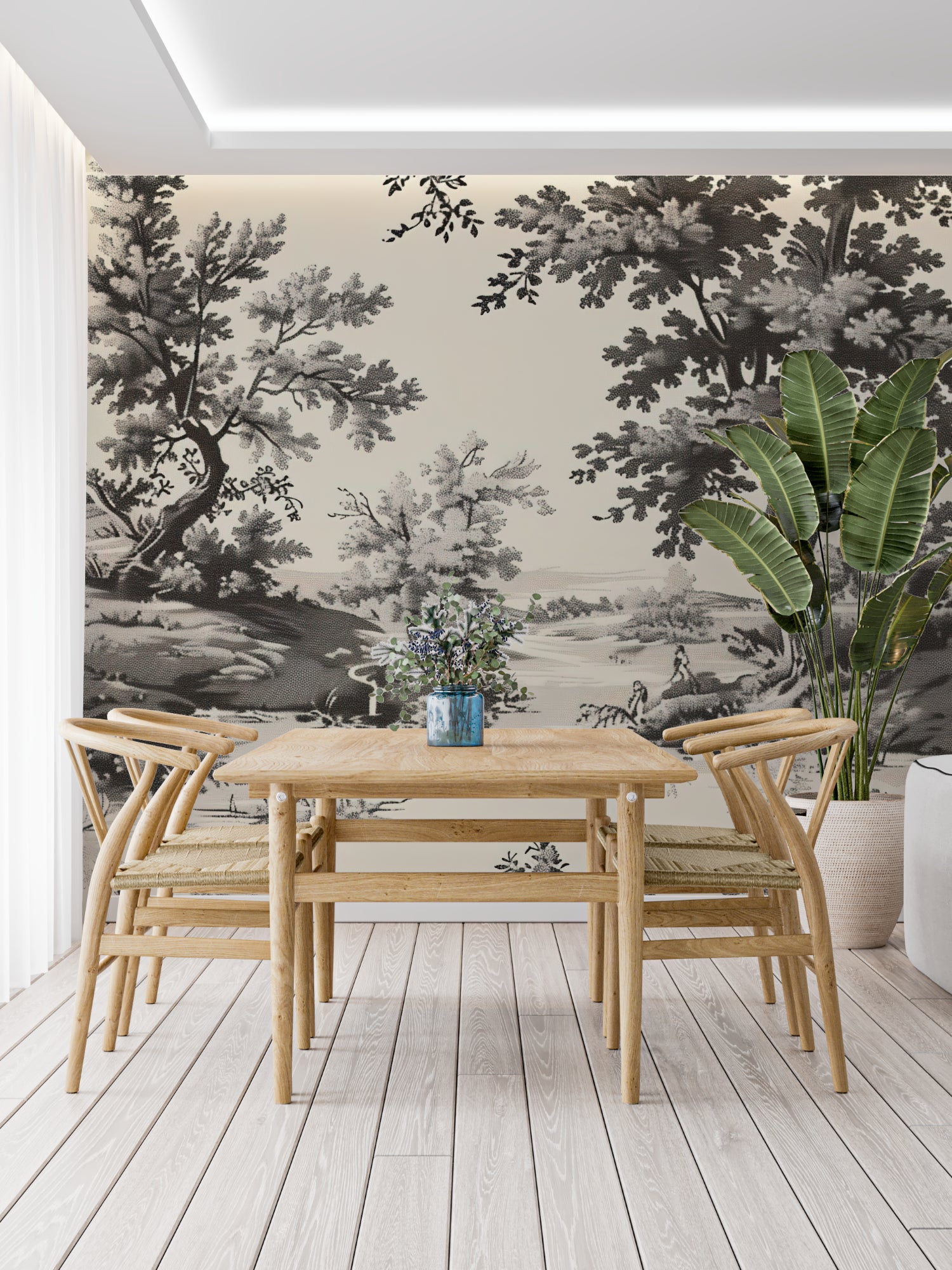 Monochrome vintage pastoral wallpaper in hallway showing intricate details