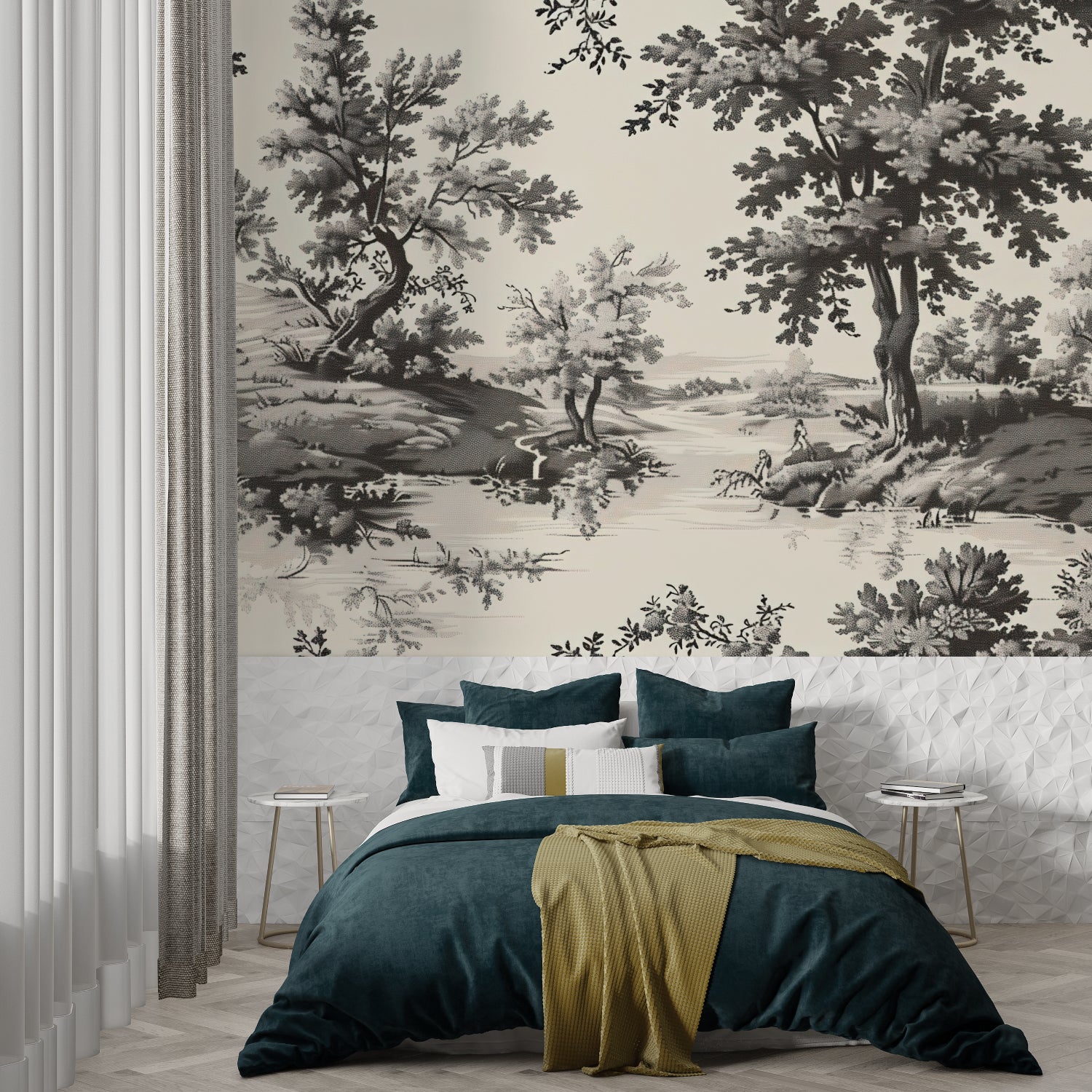 Black and white pastoral mural in bedroom showcasing calm atmosphere