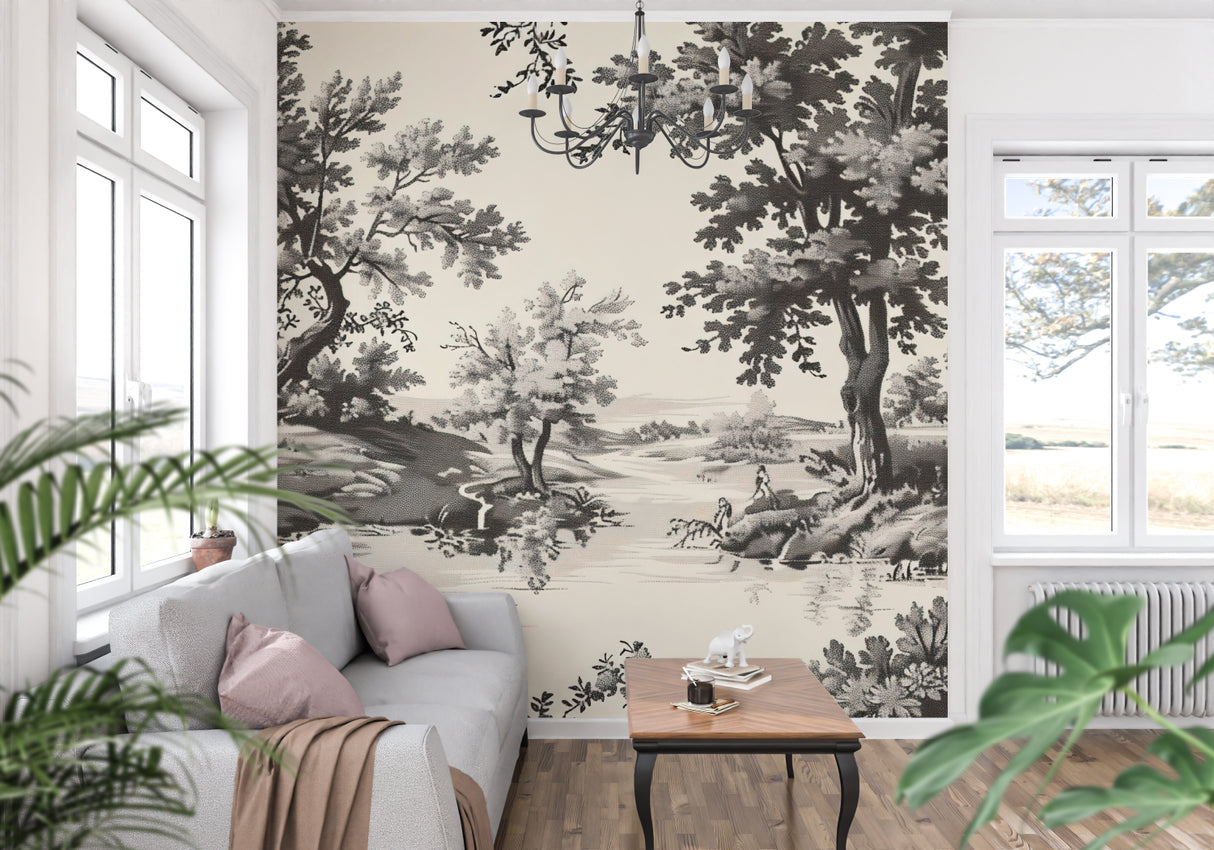 Vintage pastoral scene wallpaper installed in home office highlighting versatility