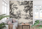 Vintage pastoral scene wallpaper installed in home office highlighting versatility