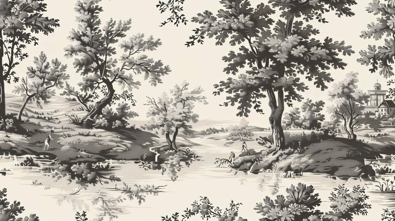 Black and white pastoral scene wallpaper design file showing full pattern detail