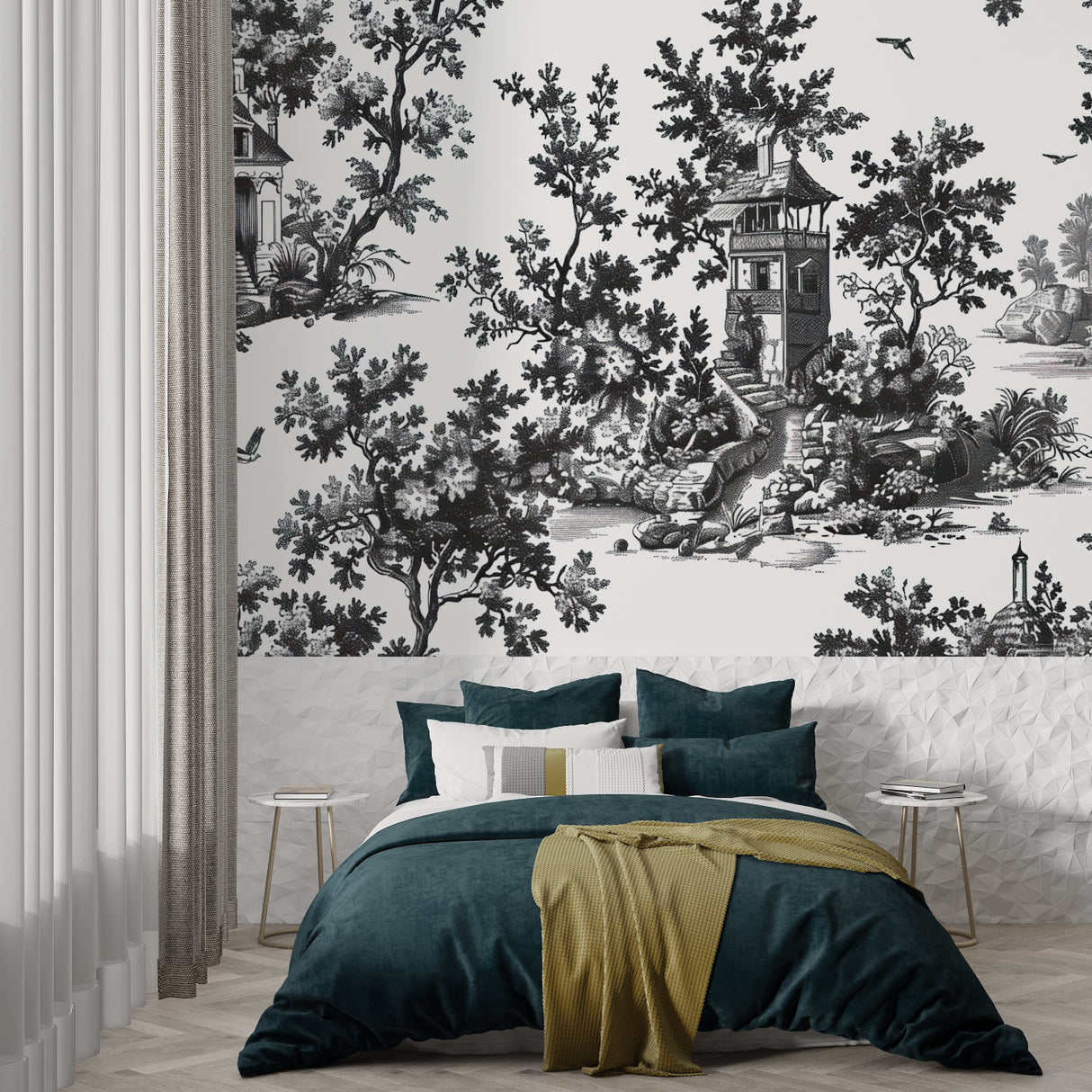 Black and white toile de jouy wallpaper in an elegant dining room with crystal chandelier