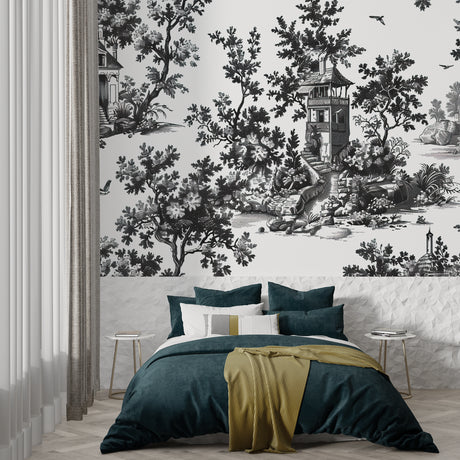 Black and white toile de jouy wallpaper in an elegant dining room with crystal chandelier
