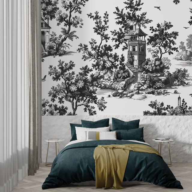 Black and white toile de jouy wallpaper in an elegant dining room with crystal chandelier