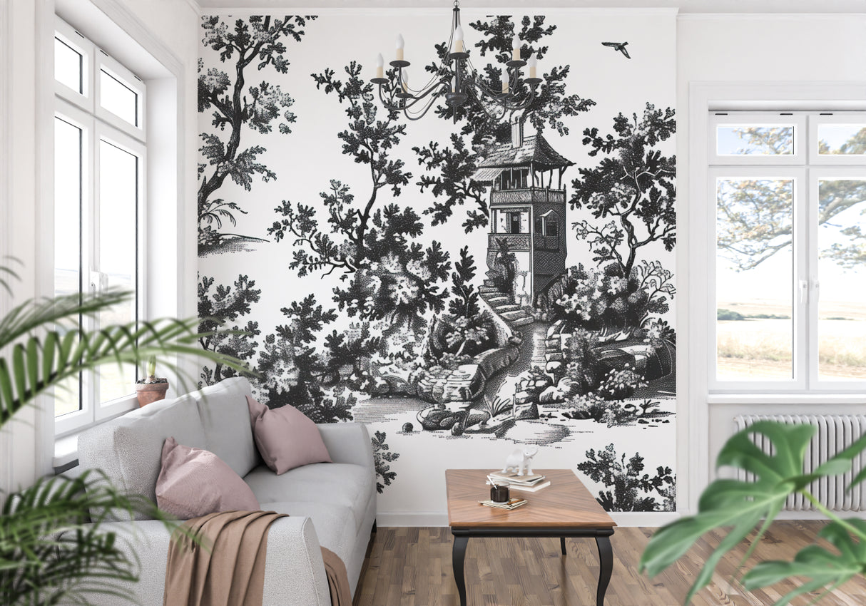Monochrome toile mural creating depth in a sophisticated home office