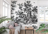 Monochrome toile mural creating depth in a sophisticated home office